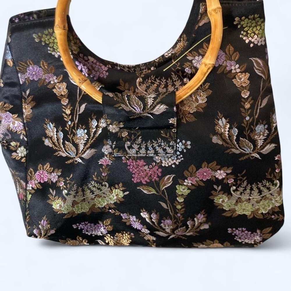 Black floral print hand  bag with bamboo handles #floral